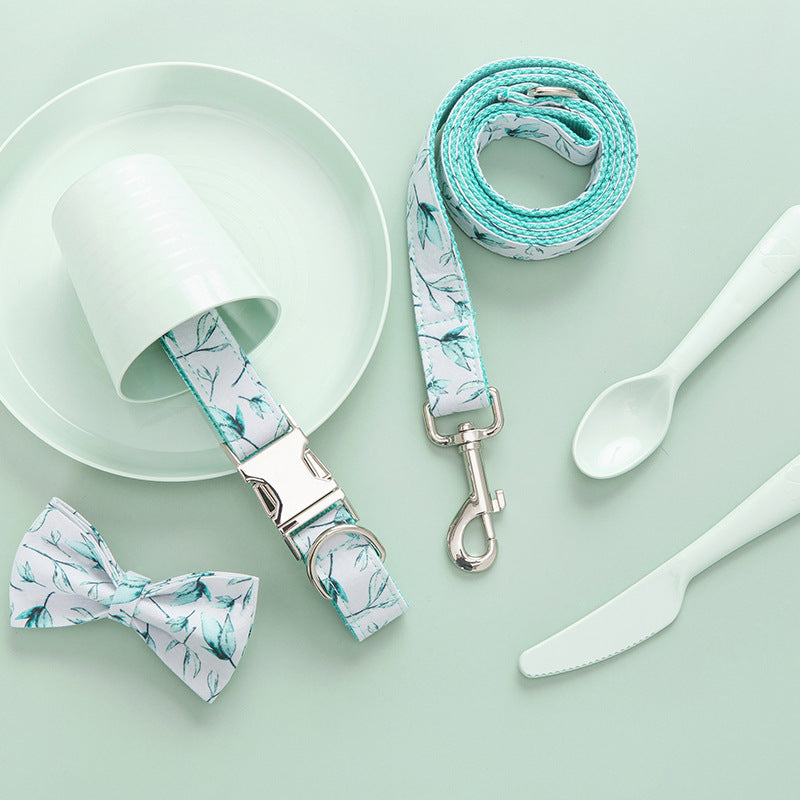 Personalized Adjustable Tree Leaf Printed Dog Collar Leash Set with Bow Tie