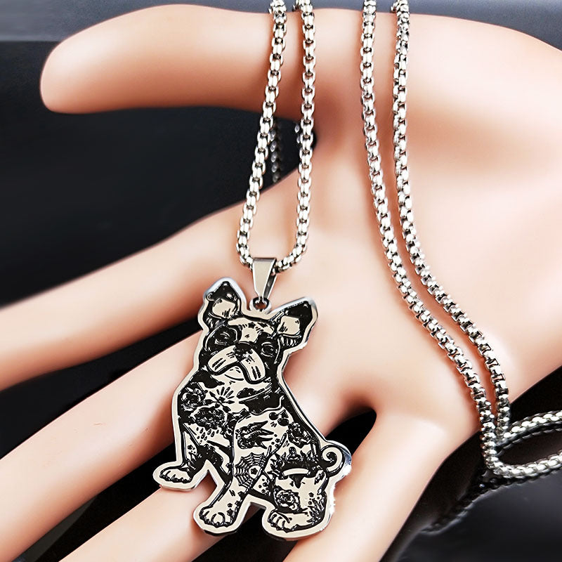 Cute French Bulldog Pendant Necklace In Black-Oiled Stainless Steel Pet Jewelry For Women And Men