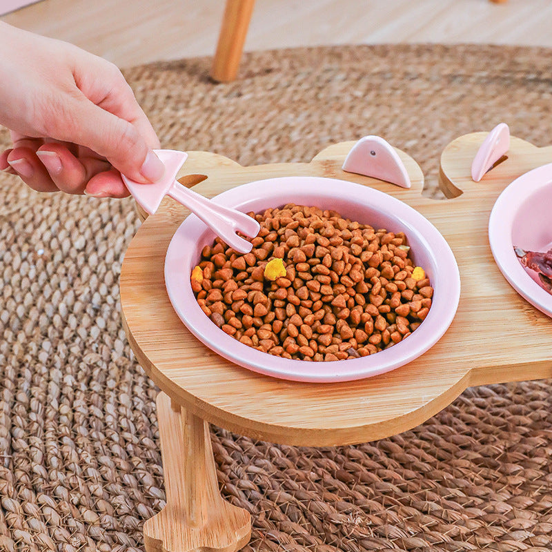 Ceramics Puppy Cat Dog Pet Single And Double Food Bowl For Eating And Drinking With Wooden Frame Pets Supplies Feeding Dish