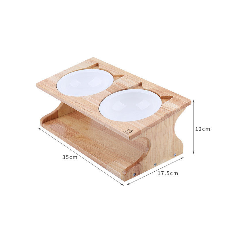 Solid Wood Ceramic Bowl Non-slip Oblique Mouth Protect Cervical Spine Pet Bowl Dog Bowl