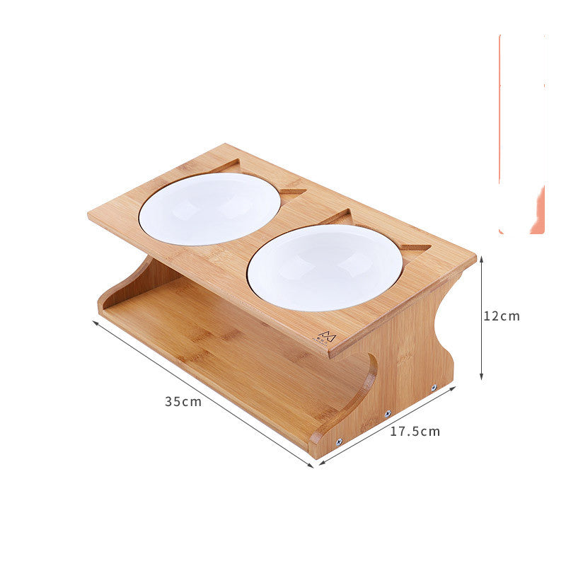 Solid Wood Ceramic Bowl Non-slip Oblique Mouth Protect Cervical Spine Pet Bowl Dog Bowl