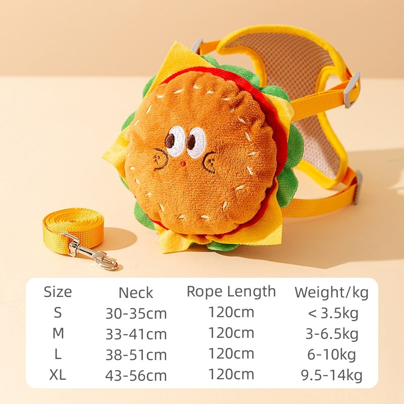 Cartoon Hamburger Chips Design Adjustable Vest Leash Rope For Cats And Dogs Walking Tow Rope With Backpack Escape Proof Vest