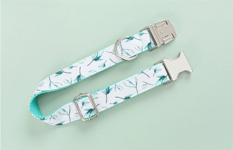 Personalized Adjustable Tree Leaf Printed Dog Collar Leash Set with Bow Tie
