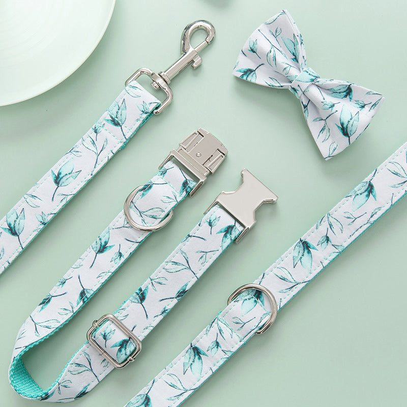Personalized Adjustable Tree Leaf Printed Dog Collar Leash Set with Bow Tie
