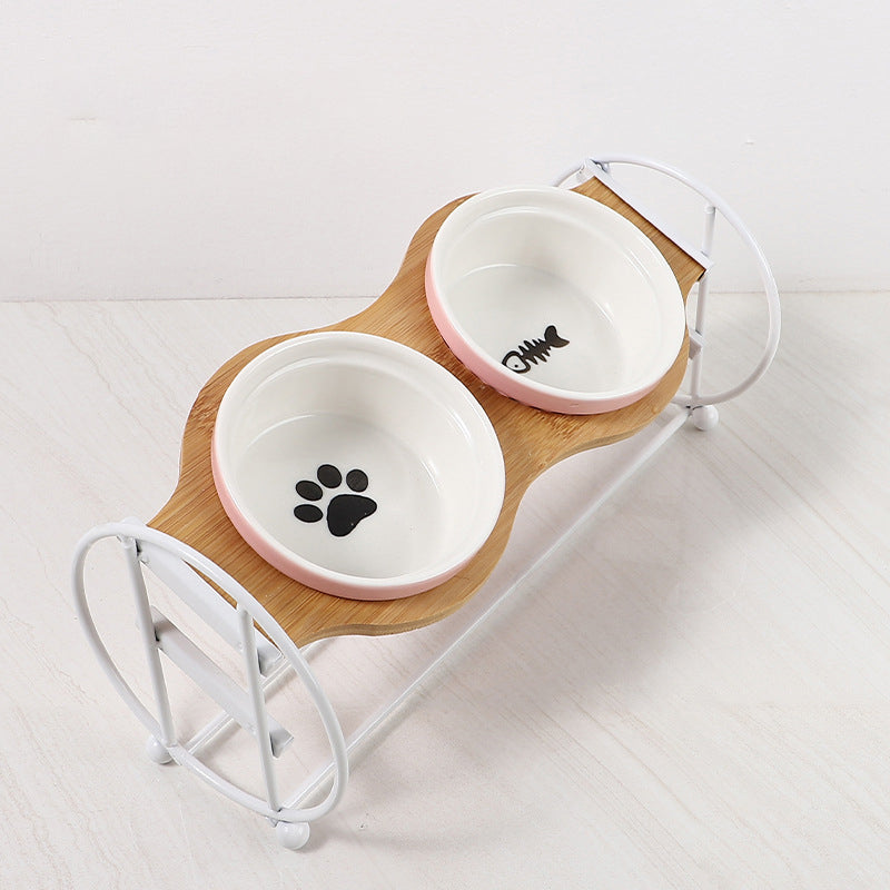 Bamboo And Wood Shelf To Protect The Cervical Spine And High-foot Double Ceramic Cat Bowl