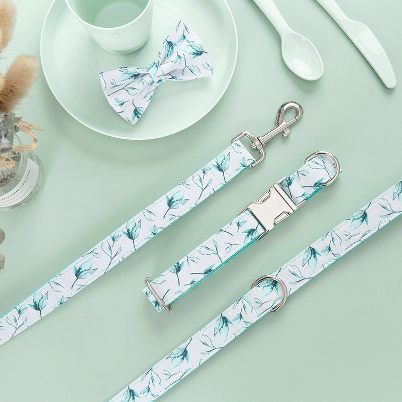 Personalized Adjustable Tree Leaf Printed Dog Collar Leash Set with Bow Tie