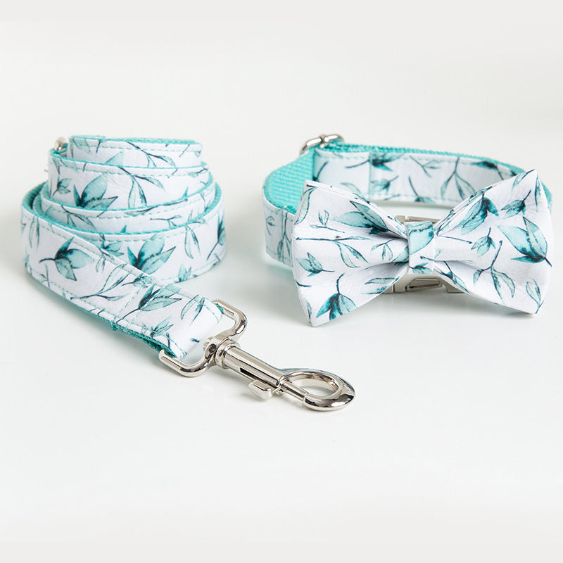Personalized Adjustable Tree Leaf Printed Dog Collar Leash Set with Bow Tie