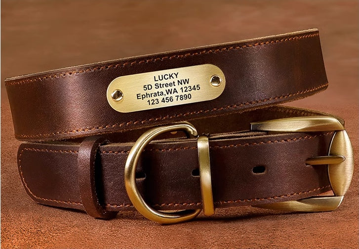 Genuine Leather Cow Leather Engraved Anti Loss Dog Collar