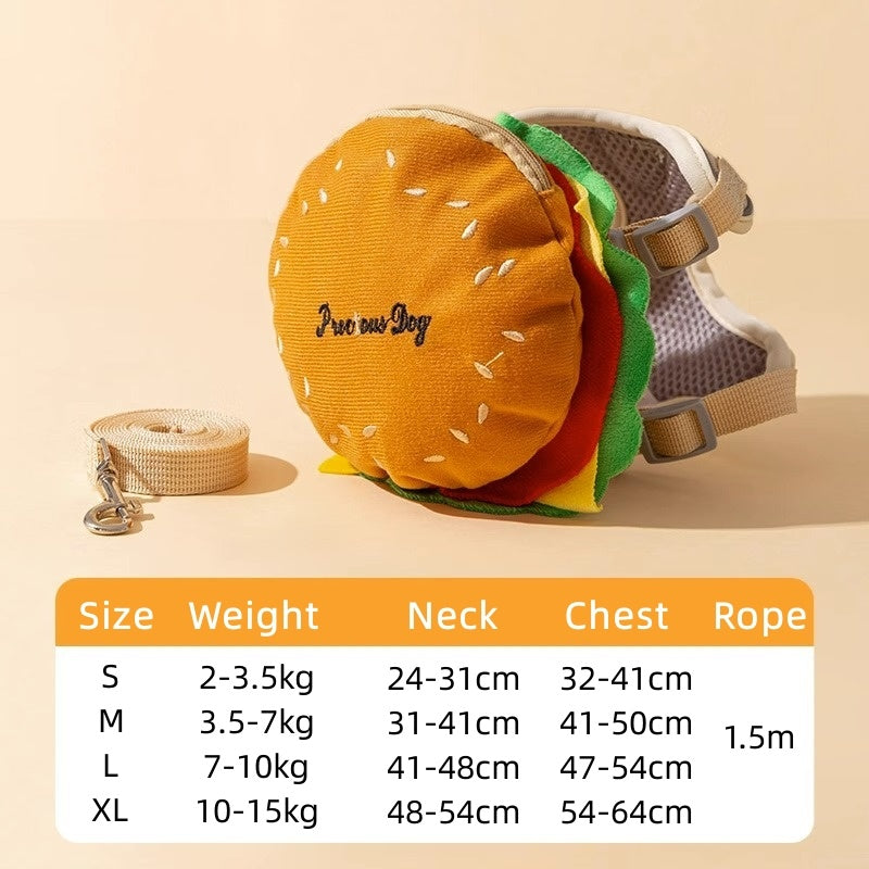 Cartoon Hamburger Chips Design Adjustable Vest Leash Rope For Cats And Dogs Walking Tow Rope With Backpack Escape Proof Vest