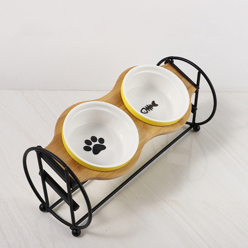 Bamboo And Wood Shelf To Protect The Cervical Spine And High-foot Double Ceramic Cat Bowl