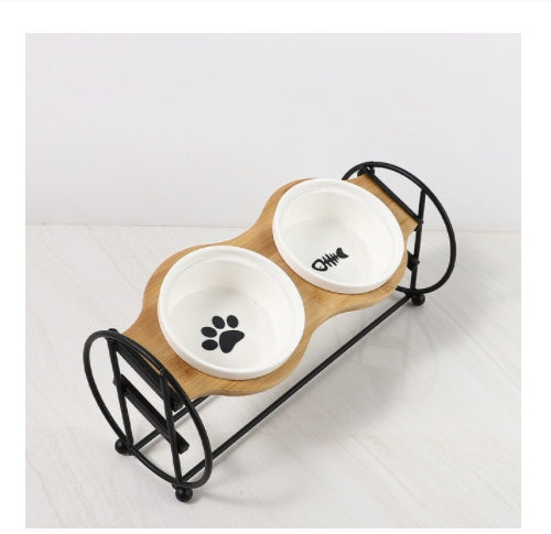 Bamboo And Wood Shelf To Protect The Cervical Spine And High-foot Double Ceramic Cat Bowl