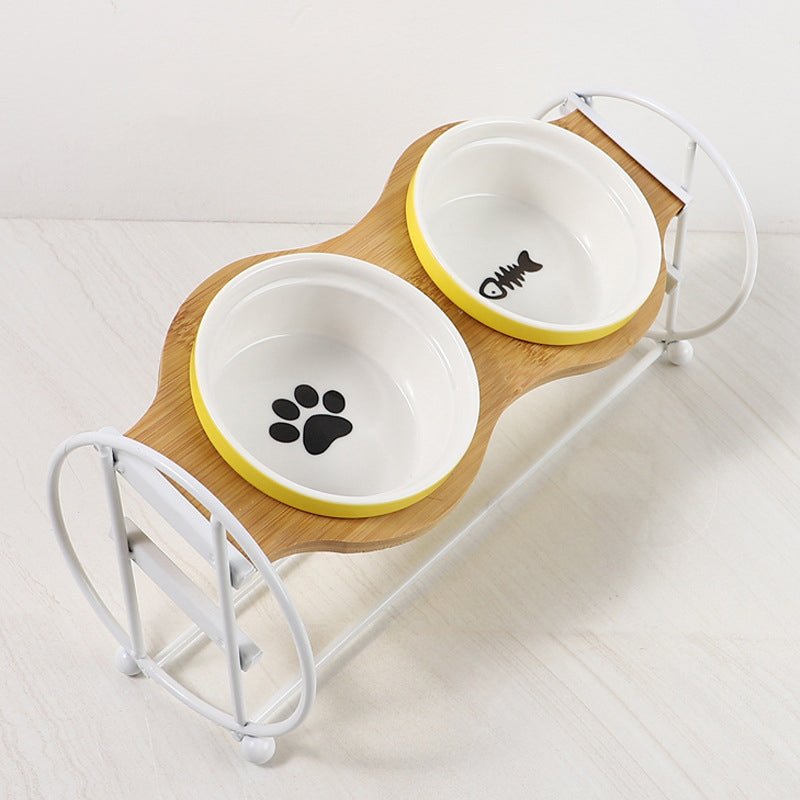 Bamboo And Wood Shelf To Protect The Cervical Spine And High-foot Double Ceramic Cat Bowl
