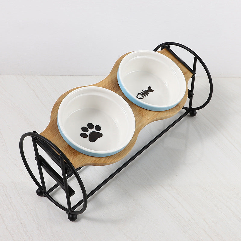 Bamboo And Wood Shelf To Protect The Cervical Spine And High-foot Double Ceramic Cat Bowl