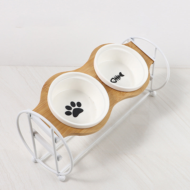 Bamboo And Wood Shelf To Protect The Cervical Spine And High-foot Double Ceramic Cat Bowl