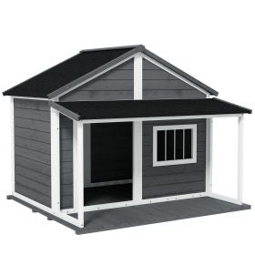 PawHut Outdoor Dog House Cabin Style for Medium/Large Dogs, Wooden Raised Pet Kennel with Asphalt Roof,Loading 53 lbs., Gray