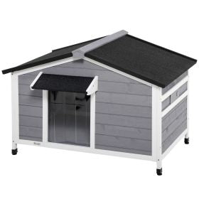 PawHut Wooden Cabin Style Outdoor Dog House with Openable Roof, Removable Bottom, Windows, Curtain, Foot Covers, Gray