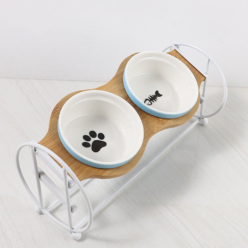 Bamboo And Wood Shelf To Protect The Cervical Spine And High-foot Double Ceramic Cat Bowl