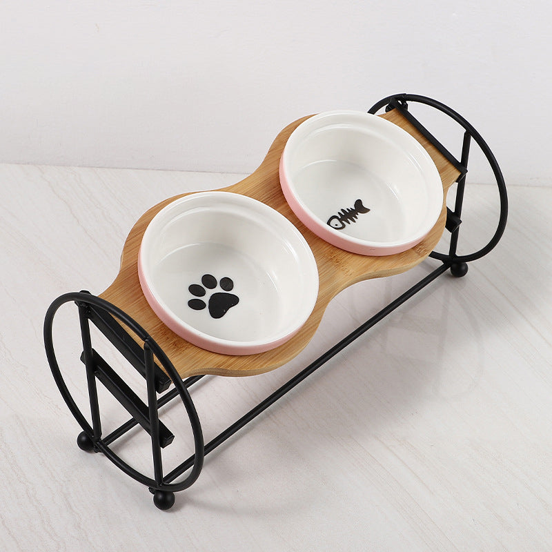 Bamboo And Wood Shelf To Protect The Cervical Spine And High-foot Double Ceramic Cat Bowl